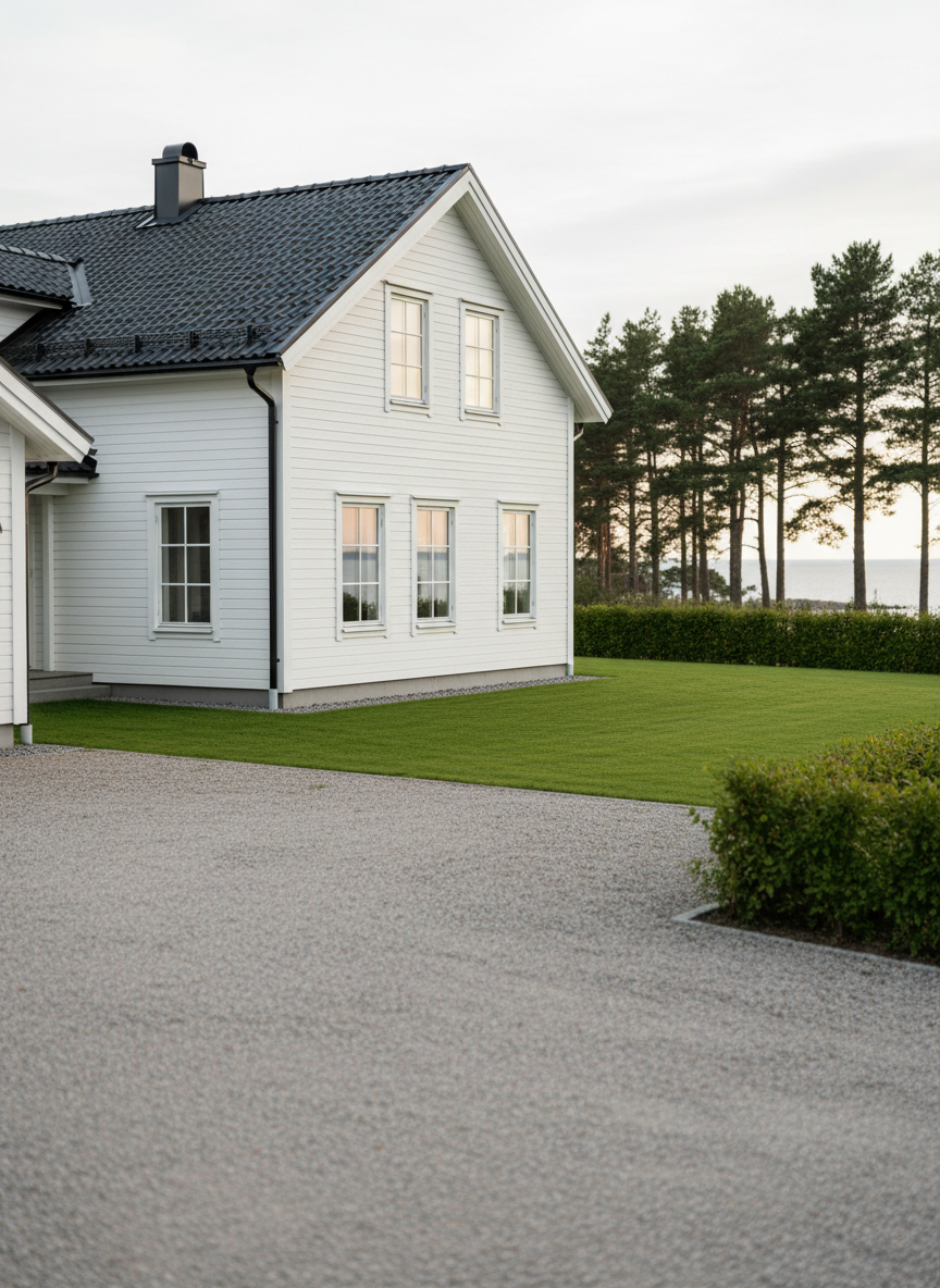 A freshly maintained Scandinavian-style villa with clean white wooden siding and dark grey roof tiles, surrounded by a neatly trimmed hedge and lush green lawn. The gravel driveway is free of moss and debris, and the windows sparkle with clarity. Soft late afternoon natural light from an overcast sky creates gentle, even illumination across the façade, reducing harsh shadows and emphasizing cleanliness. Captured at eye level with a slight three-quarter angle, the composition follows the rule of thirds, with the house slightly off-center and a blurred backdrop of coastal pine trees. The photographic realism and calm, orderly atmosphere communicate reliable, professional villaservice and overall home care in a Swedish coastal town.