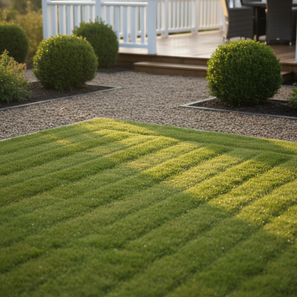 A close-up, photographic realism scene of a well-kept villa garden featuring a freshly mowed lawn with precise stripes, a neatly edged gravel path, and carefully pruned boxwood shrubs. Dew still clings to the grass blades, catching soft morning sunlight that filters through a light cloud cover, casting gentle, elongated shadows. A tidy wooden deck with clean railings frames the background, slightly out of focus to create a shallow depth of field. Captured from a slightly elevated angle, the composition highlights textures of grass, gravel, and wood, conveying a serene, well-maintained outdoor environment that reflects meticulous, ongoing trädgårdsskötsel for a worry-free everyday life.