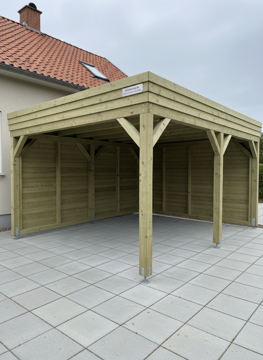 A sturdy wooden carport and storage shed beside a villa, captured in photographic realism, with newly assembled and perfectly aligned structural beams, brackets, and panels. The pressure-treated timber shows fresh, pale green tones with visible grain, and all screws and fittings sit flush and orderly. The ground beneath is evenly paved with clean concrete tiles. Soft midday overcast light bathes the scene, eliminating harsh contrast and allowing every detail of the construction to be seen clearly. Framed from a slightly low angle to emphasize solidity, with sharp focus throughout, the composition conveys precision, reliability, and expert montering of outdoor structures for homeowners in Laholm, Båstad, Höganäs, and Ängelholm.