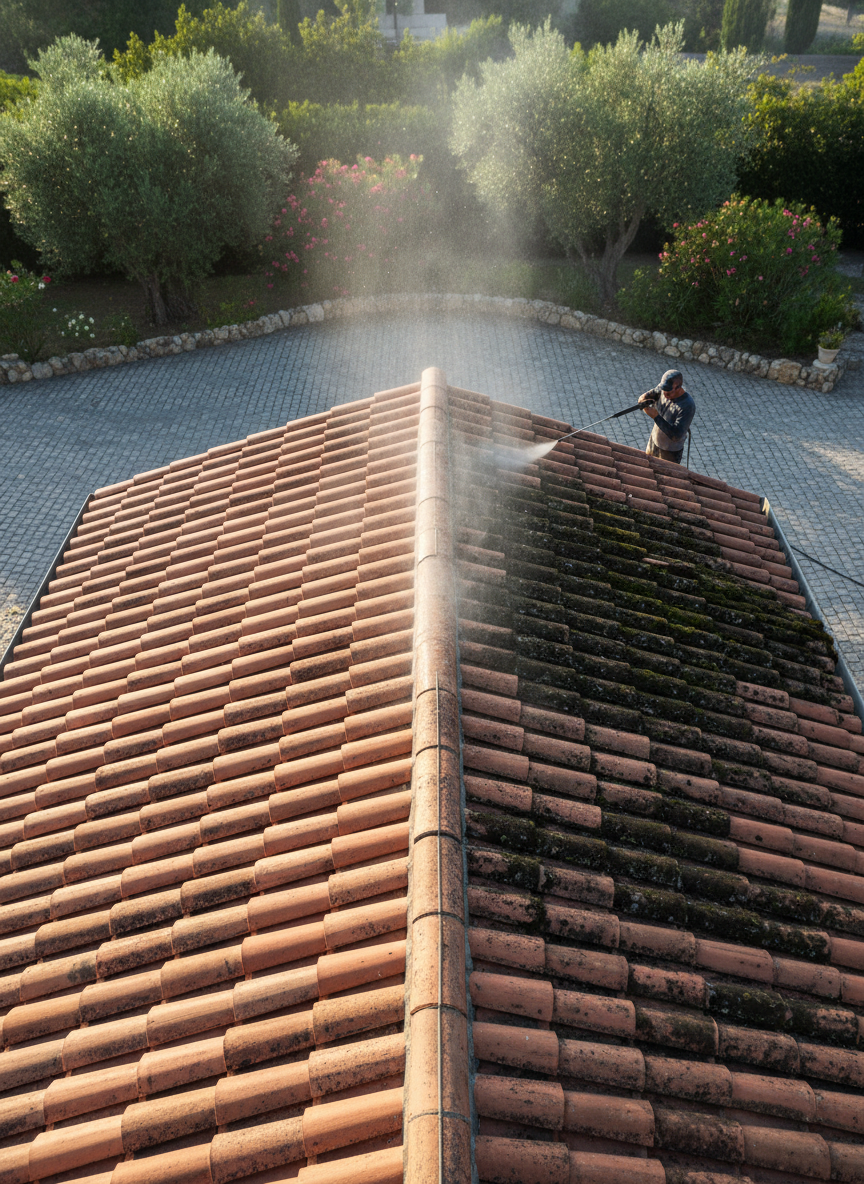 A dramatic, photographic realism view of a villa’s tiled roof and stone driveway during high-pressure cleaning. The image focuses on a clear dividing line where half the red clay tiles and grey paving stones appear newly cleaned and vibrant, while the other half remains darkened by moss and grime. Fine mist from the högtryckstvätt hangs in the air, catching angled afternoon light and creating a subtle sparkle. Captured from an elevated, three-quarter top-down angle, the composition emphasizes the transformation, with sharp focus on the textures of tiles and stones and a softly blurred garden in the background. The mood is dynamic yet orderly, showcasing powerful, precise exterior cleaning for a refreshed home exterior.