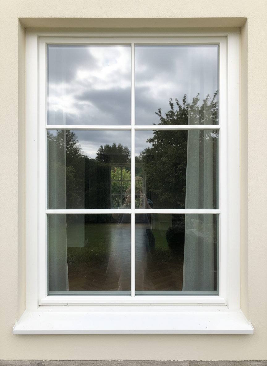 A detailed, photographic close-up of a large villa window with freshly cleaned, crystal-clear glass set in a white-painted wooden frame. The glass reflects a soft, cloudy sky and the outlines of nearby trees, while the interior of the home is faintly visible through the streak-free surface. Diffused daylight creates subtle highlights along the frame and sill, with gentle shadows emphasizing the sharp, clean edges. Shot straight-on at eye level with a shallow depth of field, the background façade of the house softly blurs, focusing attention on the spotless window. The mood is bright, hygienic, and orderly, perfectly representing professional fönsterputs as part of comprehensive villaservice.